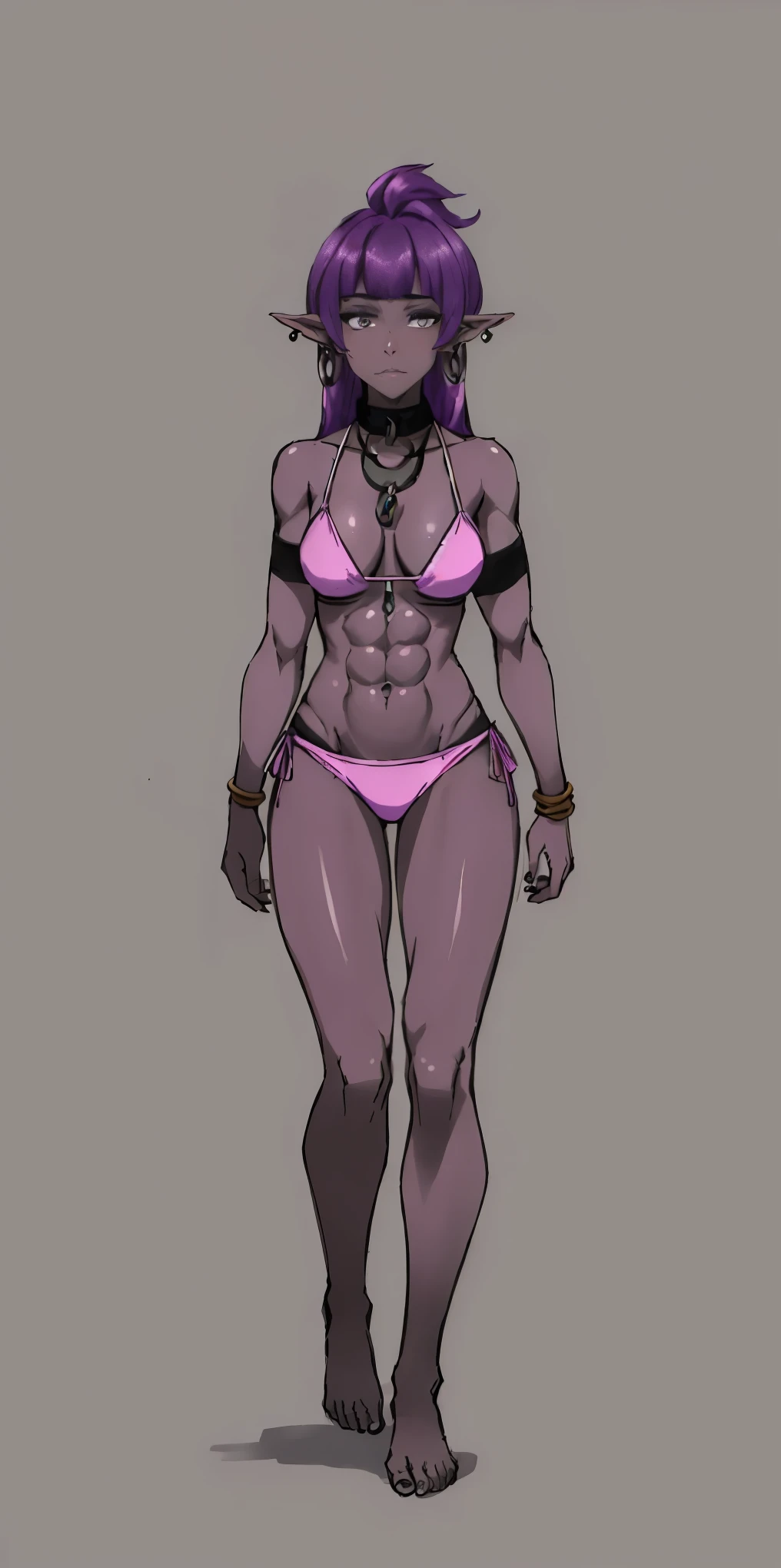 Appearance
Gender: Female
Age: Mature
Race: Drow (elf with dark skin and purple 2bangs hair side to side)
Height: Full-body
Skin: Gray
Skin: Gray
Background: Plain Gray
Eyes: Purple
Attire: Bikini, revealing abdominal muscles
Accessories: Large earrings, ragged rags, chain necklace