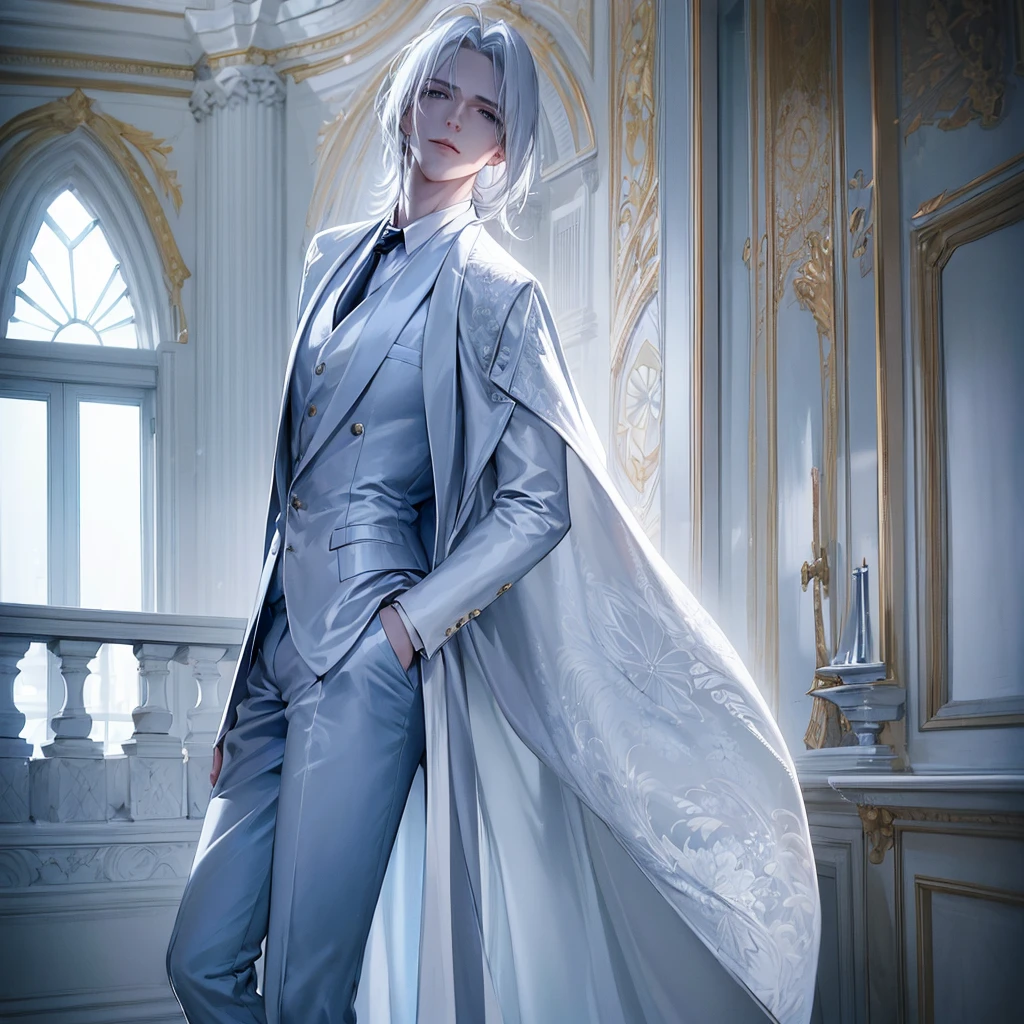 ((mejor calidad)),attractive pale skin adult boy,short and shoulder length hair,messy straight hair, white hair, tired and Asian blue eyes, with an elegant white and gold suit,The suit is luxurious with many details, arms crossed, in a luxurious white room