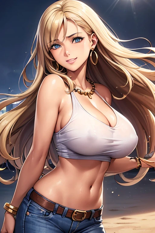 #Basics A girl is posing for a photo, animeのcute女の子, ((One Girl)), (((Baby Face:1.4)) + ((cute:1.5)) + ((18-year-old))),
break
#Clothing Accessories
((White tank top + belly button) + (Blue denim skinny pants) + (Black belt for a tight fit around the waist) + (Red sneakers)),
((Fancy Gold Bracelet) + (Gold hoop earrings) + (Gold ear cuffs) + (Fancy Necklace)),
break
#Features
((Blonde)), ((Long side bangs)), ((Long Hair) : Long Hair + Curly hair + Curly Hair + Messy Hair + Perm + Hair bouncing outside),
((Droopy eyes:1.4, Big eyes:1.4), blue eyes),
break
#background environment
((noon + Sunshine + Tropical Beach)),
#Facial Expression Pose
((A big smile:1.4)), (Standing on the beach + fold your arms + Strong and confident),
#composition
((Face the camera, (Side angle), Character Focus, Cowboy Shot)),
break
#Body parts elements
(Slim figure),
(Detailed Hair, Beautiful Hair, Shiny Hair),
(double eyelid, Long eyelashes),
(Expression of fine eyes, Beautiful and delicate eyes, Sparkling eyes, Eye Reflexes, Glitter Eyeliner),
(Human Ear),
(Beautiful Nose, Thin Nose),
(Glossy Lips, Beautiful Lips, Thick lips), (Symmetrical facial features),
(Detailed skin, Textured skin, Beautiful Skin, Oily skin),
break
#Quality Image Quality Common
(((Highest quality)), ((masterpiece)), ((Very detailed))), ((Ultra-high resolution)), ((16K, 1080P)), ((Full HD)),
(Anatomically correct), (Realistic), (3DCG), (Oil painting),
((comics, anime)), (CG illustration), (RAW Photos),