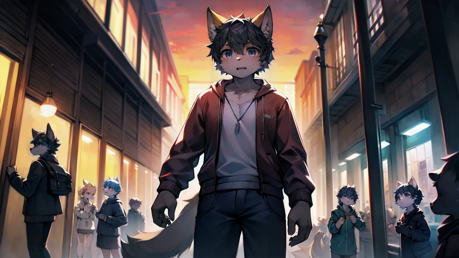 Cover, high resolution, Top quality, best quality, Paid rewards available, An unrivalled masterpiece, Perfect work of art, absurd, High-quality illustrations, 超high resolution, Detailed background, crowded cityscape, crowd, Perfect anatomical structure(6+Girls, 6+boys)(Beast field)(hairy)(hairy身体, dog facial features, dog body features)(Very fine body hair)Low angle panoramic shot, Shot from behind