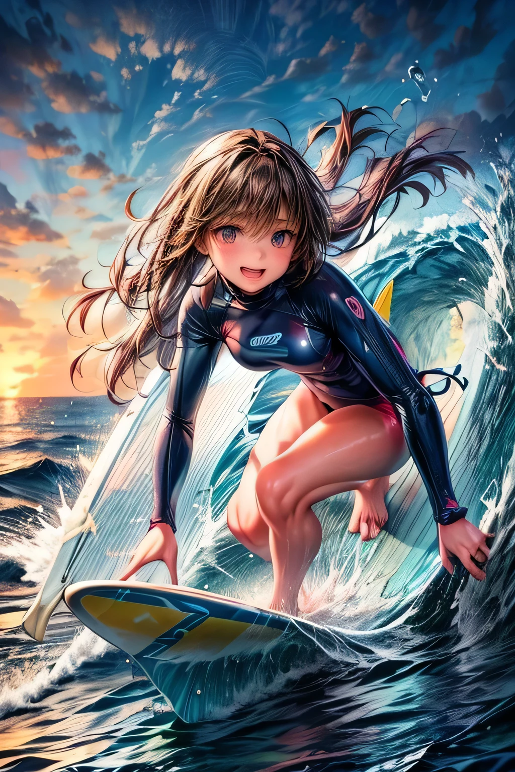 cute surfer girl surfing on a long board in the ocean waves, 1girl, breasts, swimsuit, solo, smile, open mouth, long hair, outdoors, looking at viewer, water, bangs, yellow eyes, blush, barefoot, day, collarbone, :d, ocean