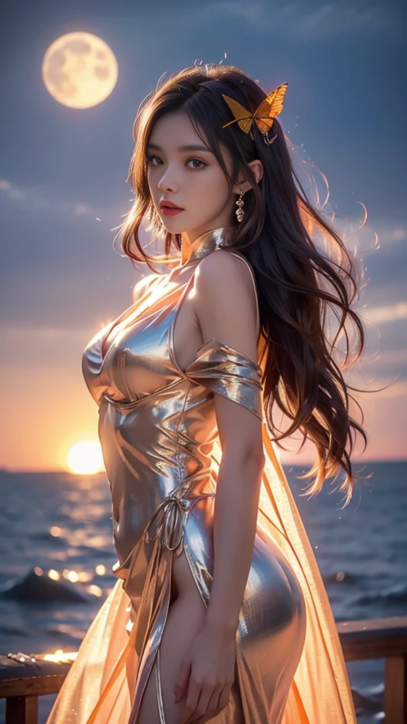 8K, ultra hd, masterpiece, hd colors, 1 girl, perfect face, very long curly hair, detailed eyes, detailed dress, ((orange dress)), stocking, flower lace, ((mesh ribbon)), sardine, straps, net clothing, loops, ((flowing cape)), bare navel, jwellery, waterside, Realistic scenery, epic scenery, sun rising, night, clouds, Butterfly, blossom, blowing wind, perfect pose, ray tracing, bloom, upper body,