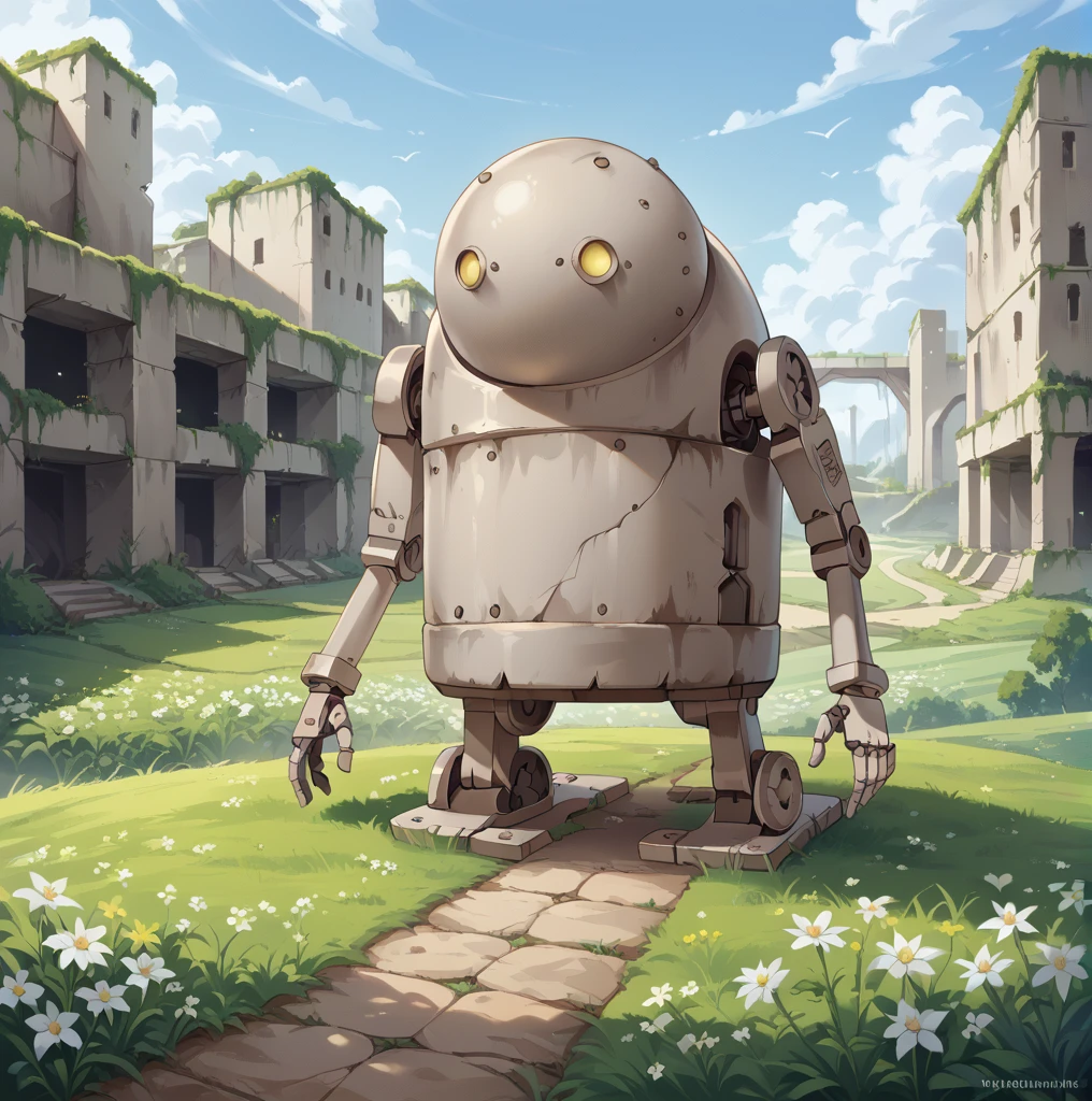 score_9, score_8_up, score_7_up, best quality, masterpiece, source_anime, rating_safe , zPDXL2, BREAK,   ruins
machine_lifeform, machine, robot, flower field, growing