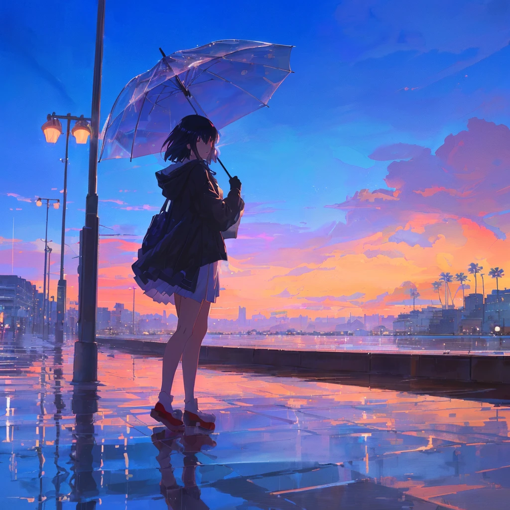 in the rain、Anime girl standing on the sidewalk with an umbrella, Makoto Shinkai Cyril Rolland, Alena Aenamiのスタイル, anime art wallpaper 4k, anime art wallpaper 4k, Anime Art Wallpapers 8K, Alena Aenami, Anime girl walking on water, reflection. by makoto shinkai, Anime Style 4k