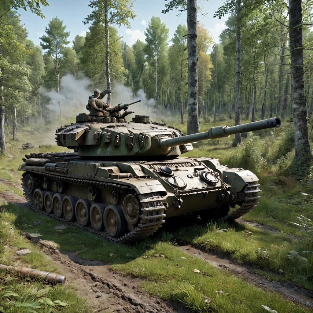 A Chieftain tank running through the forest,The tank is painted in forest camouflage The body and gun barrel are disguised with grass and leaves.Realistic dirt and dents,High quality, high definition, masterpiece, best quality4k, 8k,Ultra detail,Photorealistic,dramatic lighting,Professional photography,