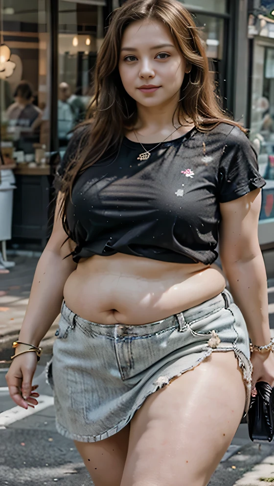 Nude, naked, thick bushy pubic hair, realistic skin texture, ((best quality)), ((masterpiece)), (detailed), perfect face, araffe woman in a long dark-blue shirt and blue denim skirt walking down a street, thicc, wavy short hair , she has a jiggly fat round belly, bbwchan, wearing tight simple clothes, skinny waist and thick hips, widest hips, her belly is fat and round, soft curvy shape, hyperrealistic full figure, wearing a cute top, wide hips, wearing 10 bracelet , wearing huge diamond necklace