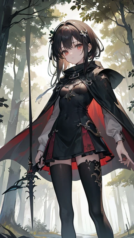 ((Best masterpiece, Perfect quality, Ultra detailed)), ((Gloomy forest, Lost site, Sorrow, Fantasy)) A skinny girl with small bust, Wearing a brown cape, Holding an iron sword, Standing alone in the forest