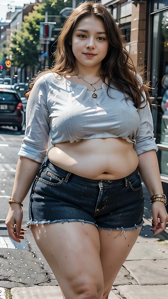 Nude, naked, thick bushy pubic hair, realistic skin texture, ((best quality)), ((masterpiece)), (detailed), perfect face, araffe woman in a long dark-blue shirt and blue denim skirt walking down a street, thicc, wavy short hair , she has a jiggly fat round belly, bbwchan, wearing tight simple clothes, skinny waist and thick hips, widest hips, her belly is fat and round, soft curvy shape, hyperrealistic full figure, wearing a cute top, wide hips, wearing 10 bracelet , wearing huge diamond necklace