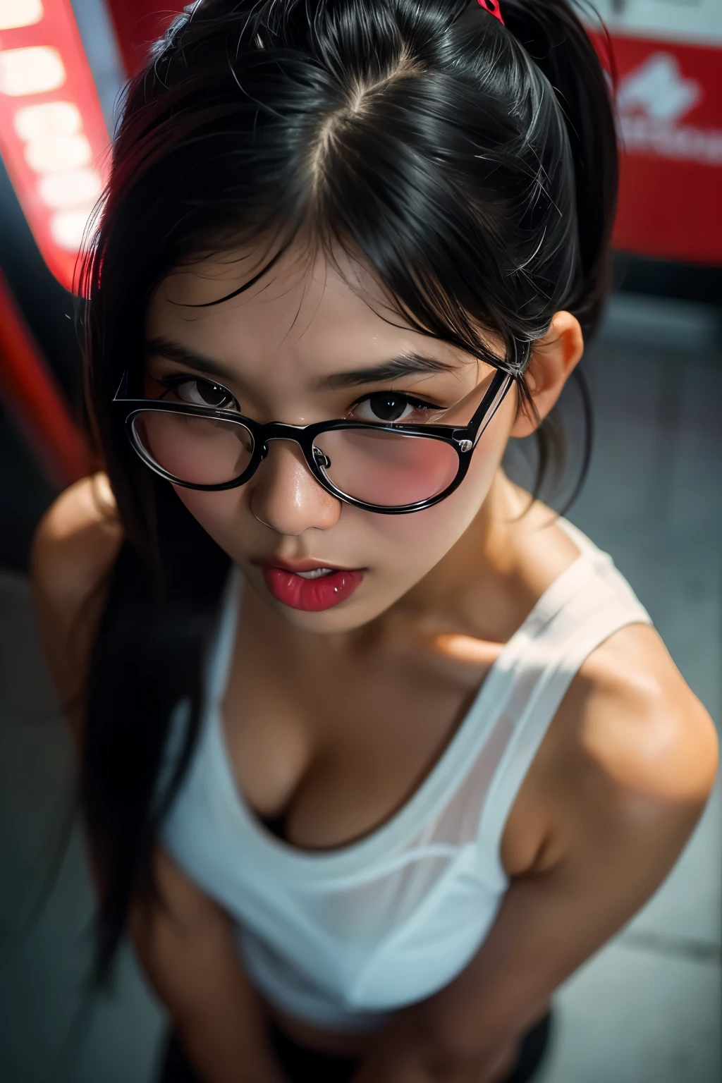 professional portrait photograph taken from above of a seductive sexy hot brwon thai woman bites her lips (28 years) with nerd glasses in the most beautiful highly detailed white tank top and micro thong lace panties with ((half long pony haircut blackcolored)), kneeing down on her knees sultry flirty look, gorgeous symmetrical face, massive makeup (more makeup), enormous breasts, station toilett bangkock background