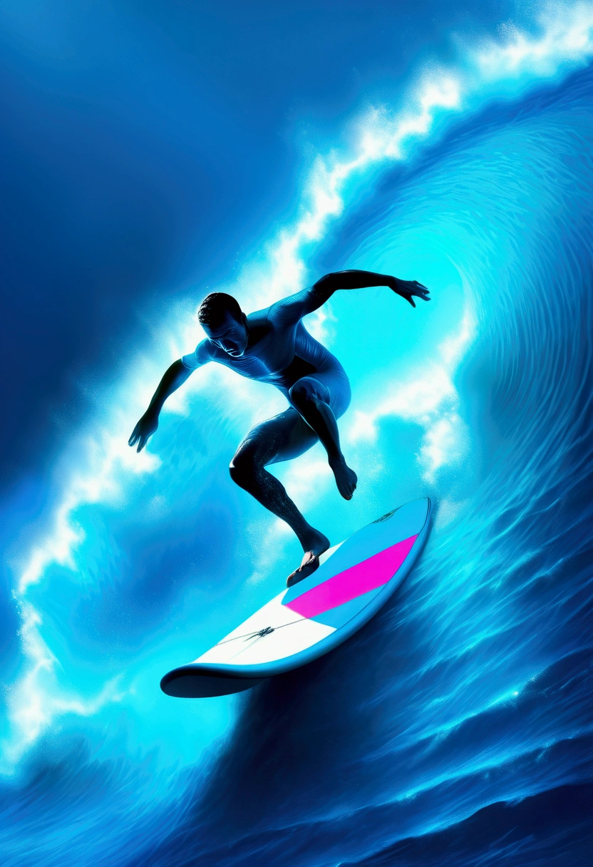 (Ultra-realistic Surfing), wearing Professional sportswear, sunset, wide angle, panorama, in Vibrant Void, juxtaposing vibrant with a sense of emptiness, captivating chiaroscuro, dynamic movement, (special effects:0.1), full body, award-winning, cinematic still, emotional, vignette, dynamic, vivid, (masterpiece, best quality, photorealistic, Professional, perfect composition, very aesthetic, absurdres, ultra-detailed, intricate details:1.3)