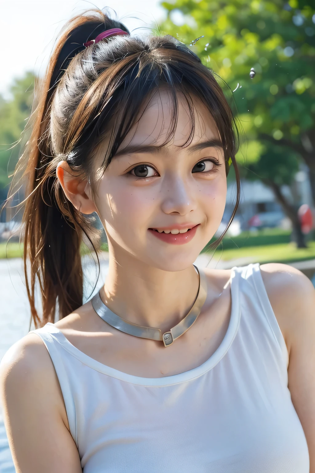 photo realistic, masterpiece, best quality, soaking wet, water dripping from hair and face, wet T-shirt, smiling, large breasts, ponytail hairstyle, park background,
BREAK
1girl, (((big round eyes:1.3))), (((childlike face:1.4))), (((round face:1.4))), (((tareme:1.3))), ((bangs:1.2))