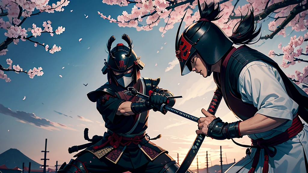 A samurai in a combat stance, wearing traditional japanese armor with kabuto helmet and menacing mask. He holds a sharp katana with both hands. The setting is a traditional battlefield or dojo with war flags and cherry blossom trees in the background. The samurai's expression is serious and focused, Conveying courage and determination."