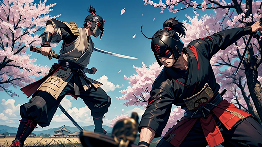 A samurai in a combat stance, wearing traditional japanese armor with kabuto helmet and menacing mask. He holds a sharp katana with both hands. The setting is a traditional battlefield or dojo with war flags and cherry blossom trees in the background. The samurai's expression is serious and focused, Conveying courage and determination."