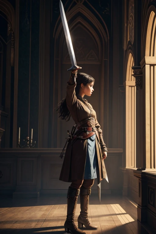 The girl stands in full height in profile with her head lowered and her right hand raised up, clutching a sword.