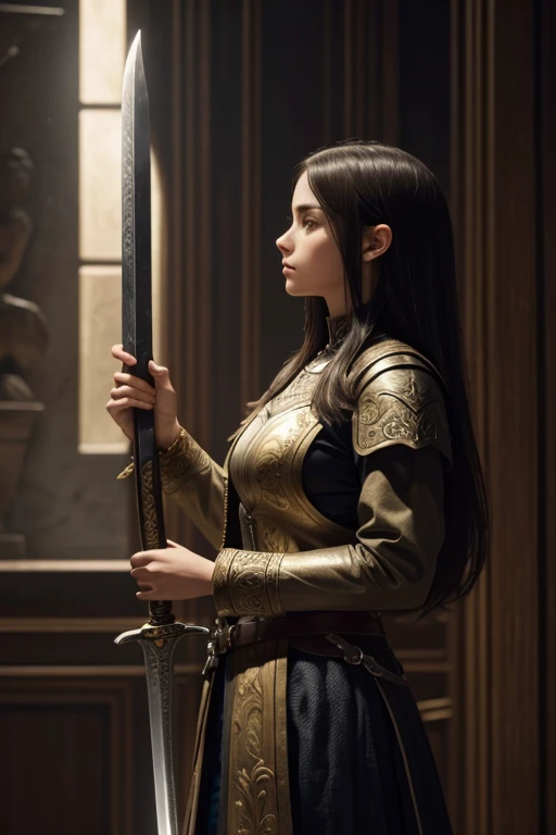 The girl stands in full height in profile with her head lowered and her right hand raised up, clutching a sword.