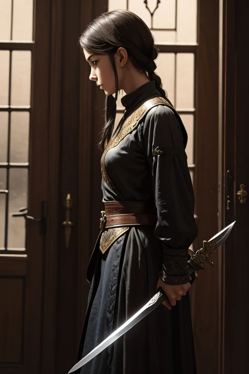 The girl stands in full height in profile with her head lowered and her right hand raised up, clutching a sword.