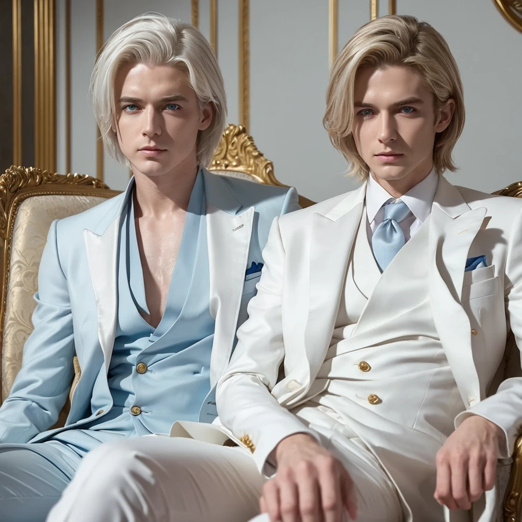 ((mejor calidad)),attractive pale skin adult boy,short and shoulder length hair,messy straight hair, white hair, tired and Asian blue eyes, with an elegant white and gold suit,The suit is luxurious with many details, arms crossed, in a luxurious white room
