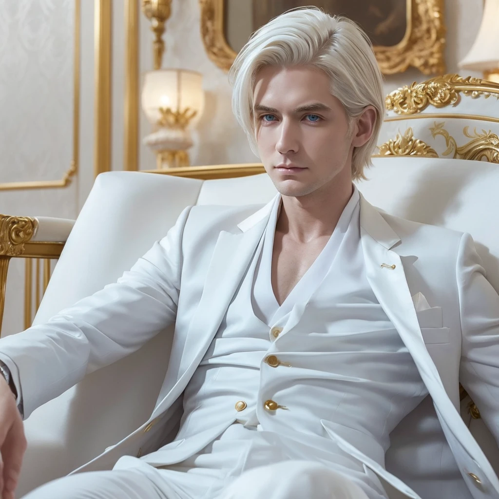 ((mejor calidad)),attractive pale skin adult boy,short and shoulder length hair,messy straight hair, white hair, tired and Asian blue eyes, with an elegant white and gold suit,The suit is luxurious with many details, arms crossed, in a luxurious white room