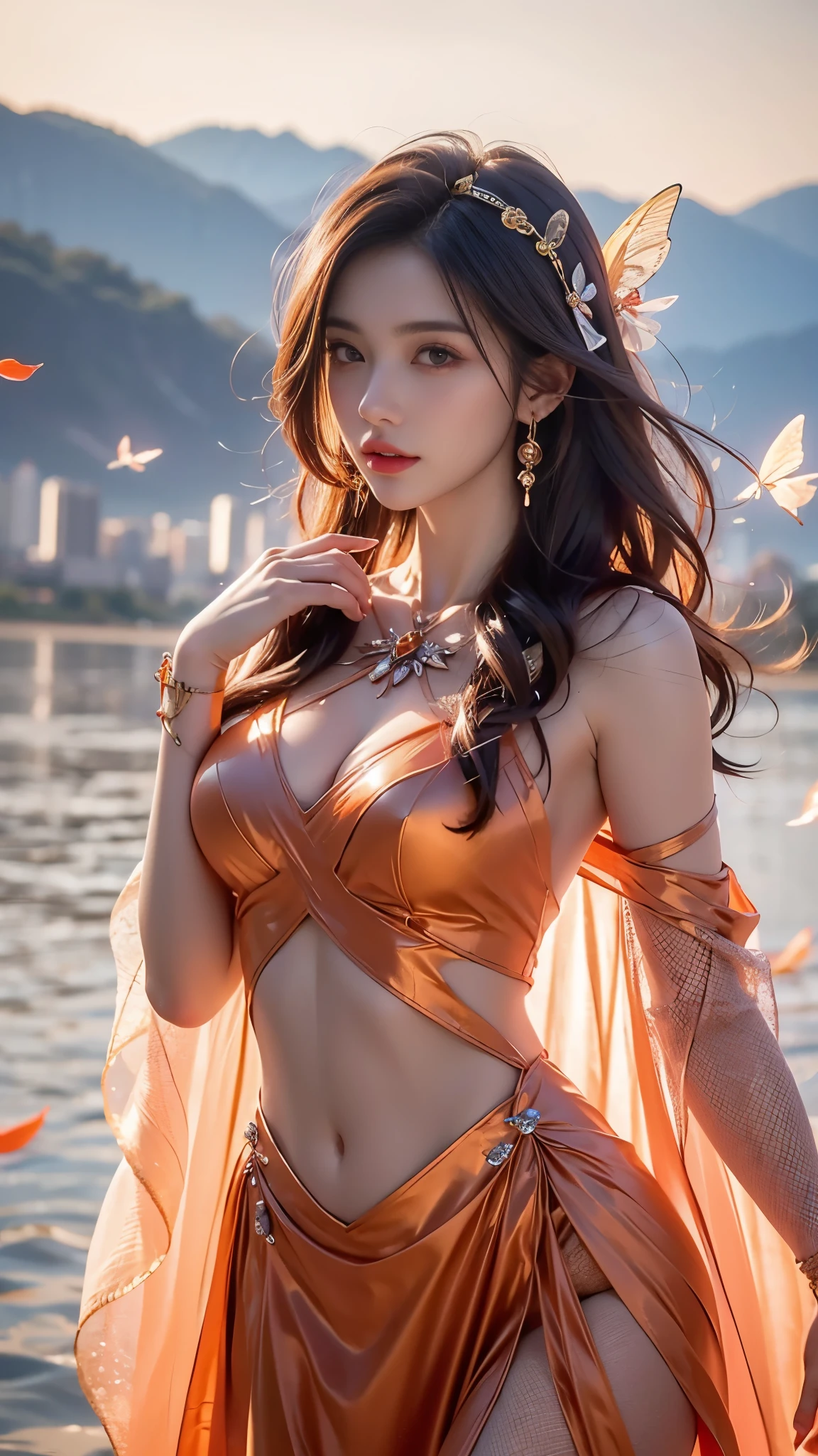 8K, ultra hd, masterpiece, hd colors, 1 girl, perfect face, very long curly hair, detailed eyes, detailed dress, ((orange dress)), stocking, flower lace, ((mesh ribbon)), sardine, straps, net clothing, loops, ((flowing cape)), bare navel, jwellery, waterside, Realistic scenery, epic scenery, sun rising, night, clouds, Butterfly, blossom, blowing wind, perfect pose, ray tracing, bloom, upper body,