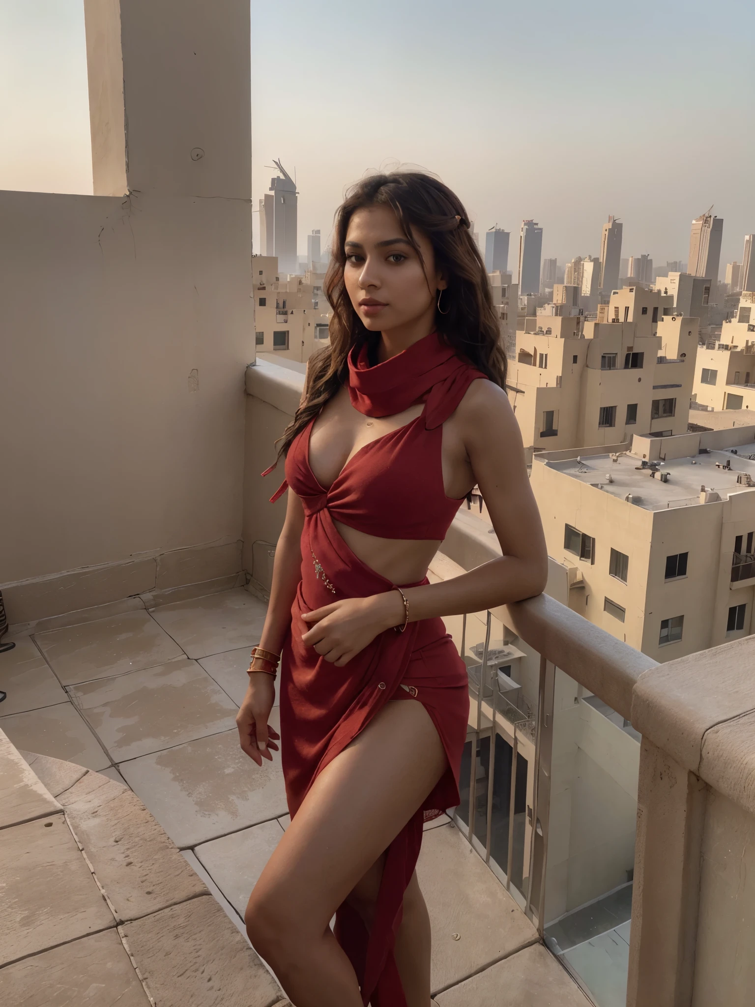 8k, RAW photo, best quality, ultra high resolution, (photorealistic), realistic photo of skinny egyptian girl model, (skinny egyptian girl, 20 years old, most beautiful egyptian girl in the world, (thick thighs), brown hair, wavy hair), on the roof top patio, dubai city view on the background, dubai city skyline, bright daylight, (full body picture), ((photo from the side)), ((standing posing for picture), (seductively standing pose), (wearing: ((red sundress), (red scarf), (jewelry))), (((looking at viewer))), seductive look, (extremely detailed CG unity 8k wallpaper), Sharp focus, (bright light)