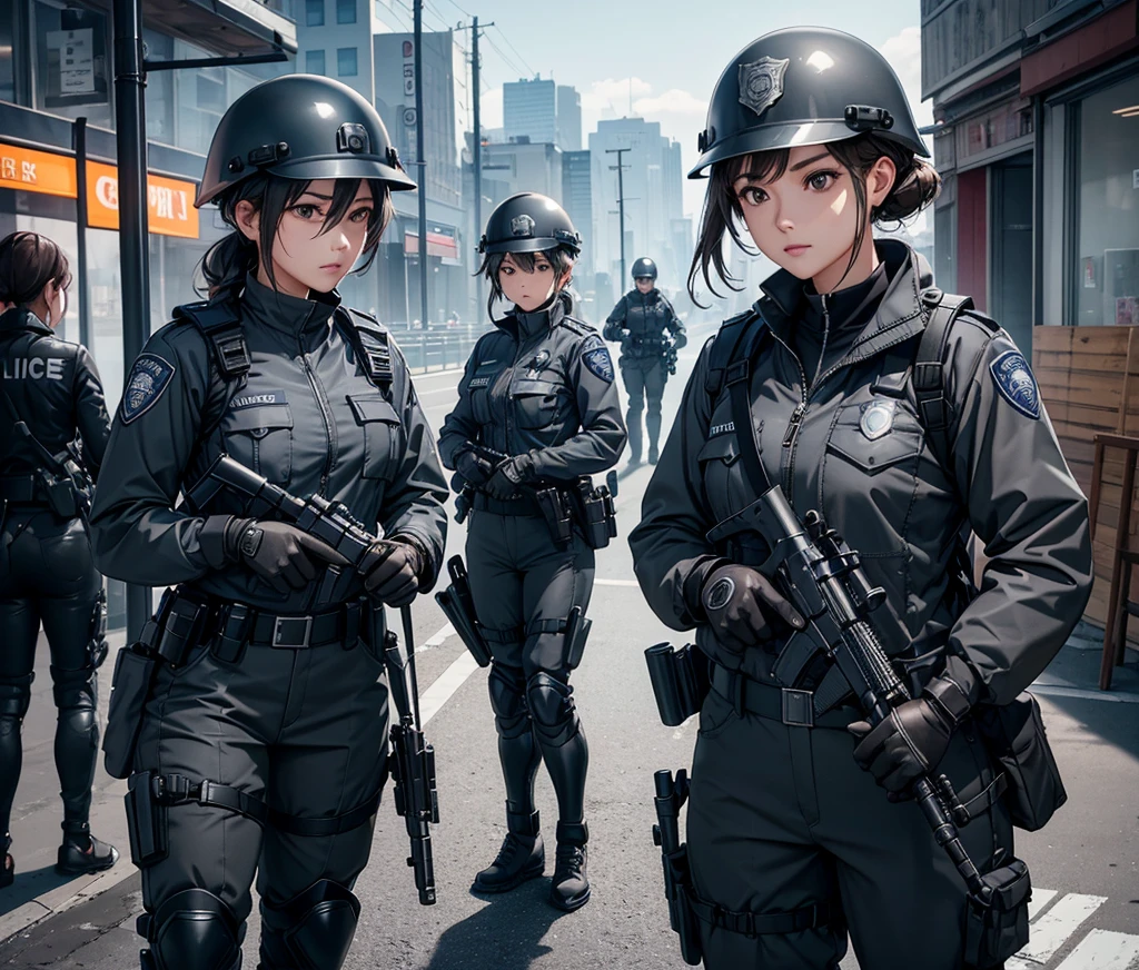 A group of female police officers wearing grey zip-up uniforms、Wear a steel helmet、Gloves、Tactical shoulder strap、Knee pads、Standing guard at the pier、Write details、masterpiece、best quality、Highly detailed CG、8K picture quality