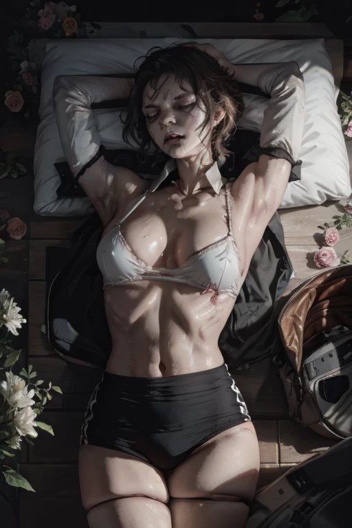  Zombie lying on back、Zombie sleeping on his back、Black gym bloomers, High Leg、School Shirt、whole body、(Black gym bloomers)+(White collared blouse)、Lie face up on the bed、Brown Hair、Surrounded by lots of flowers、ベッドでZombie sleeping on his back少女、close ~ eye、sleeping beauty