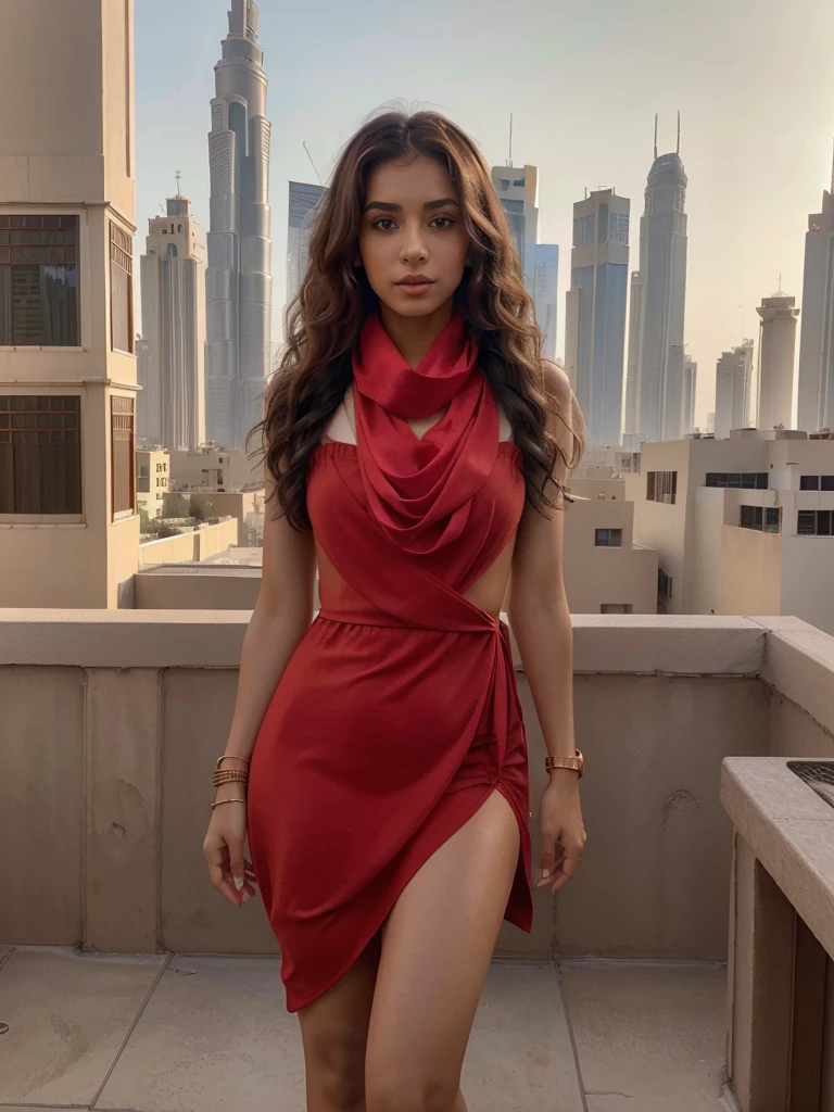 8k, RAW photo, best quality, ultra high resolution, (photorealistic), realistic photo of skinny egyptian girl model, (skinny egyptian girl, 20 years old, most beautiful egyptian girl in the world, (thick thighs), brown hair, wavy hair), on the roof top patio, dubai city view on the background, dubai city skyline, bright daylight, (full body picture), ((standing posing for picture), (seductively standing pose)), (wearing: ((red sundress), (red scarf), (jewelry))), (((looking at viewer))), seductive look, (extremely detailed CG unity 8k wallpaper), Sharp focus, (bright light)