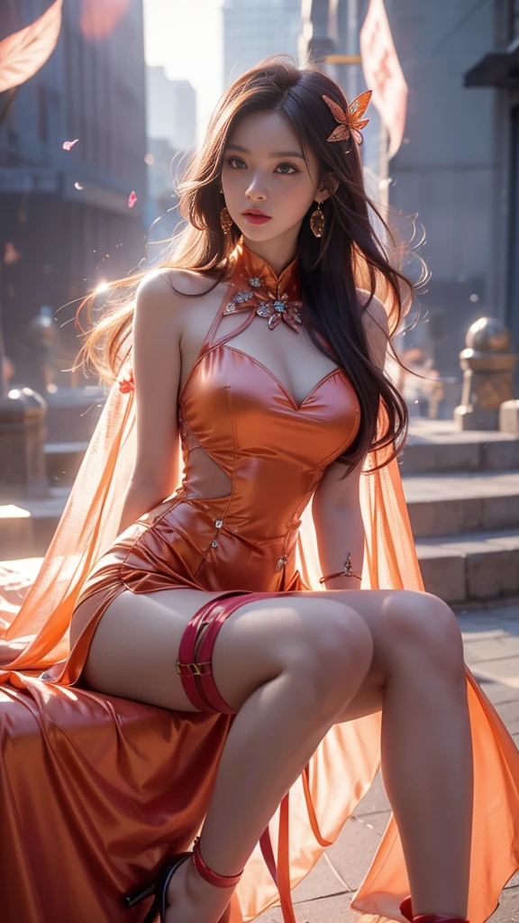 8K, ultra hd, masterpiece, hd colors, 1 girl, perfect face, very long curly hair, detailed eyes, detailed dress, ((orange dress)), stocking, flower lace, ((mesh ribbon)), sardine, straps, net clothing, loops, ((flowing cape)), bare navel, jwellery, waterside, Realistic scenery, epic scenery, sun rising, night, clouds, Butterfly, blossom, blowing wind, perfect pose, ray tracing, bloom, upper body, sitting,