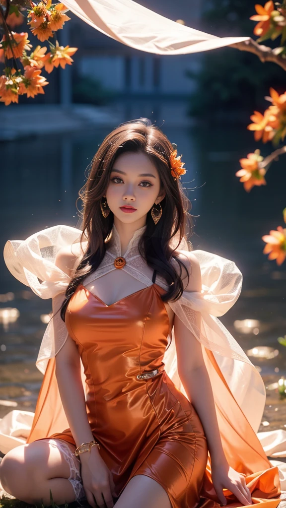 8K, ultra hd, masterpiece, hd colors, 1 girl, perfect face, very long curly hair, detailed eyes, detailed dress, ((orange dress)), stocking, flower lace, ((mesh ribbon)), sardine, straps, net clothing, loops, ((flowing cape)), bare navel, jwellery, waterside, Realistic scenery, epic scenery, sun rising, night, clouds, Butterfly, blossom, blowing wind, perfect pose, ray tracing, bloom, upper body, sitting,