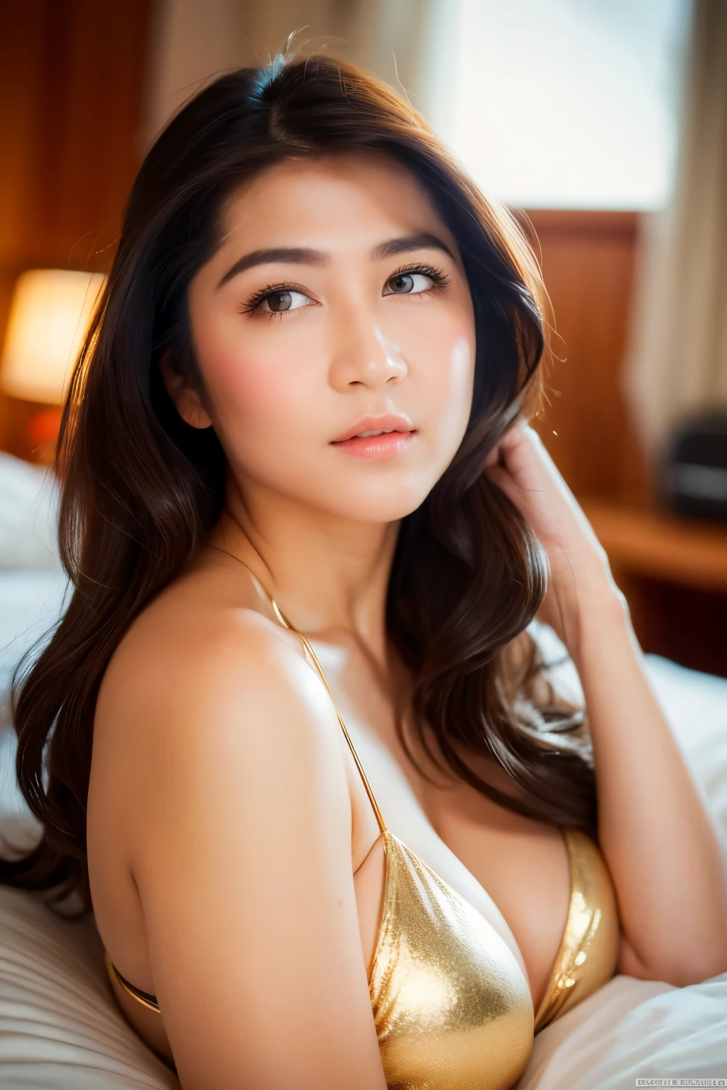 (lying at bed), (pov from her top), (seductive pose), (gold bikini), looking at camera, front view, long hair, bangs, layered hair, (detailed face), at bedroom, tempting pose, potrait body, mouth closed, smiling, black eyes, 1 girl, 20yo,Young female,Beautiful Finger,Beautiful long legs,Beautiful body, Beautiful Nose,Beautiful character design, perfect eyes, perfect face,expressive eyes,perfect balance, (looking at viewer), official art,extremely detailed CG unity 8k wallpaper, perfect lighting,Colorful, Bright_Front_face_Lighting,White skin, (masterpiece:1.0),(best_quality:1.0), ultra high res,4K,ultra-detailed, photography, 8K, HDR, highres, absurdres:1.2, Kodak portra 400, film grain, bokeh:1.2, lens flare, (vibrant_color:1.2),professional photograph, (Beautiful,huge_Breasts:1.4), (beautiful_face:1.5),(narrow_waist)
