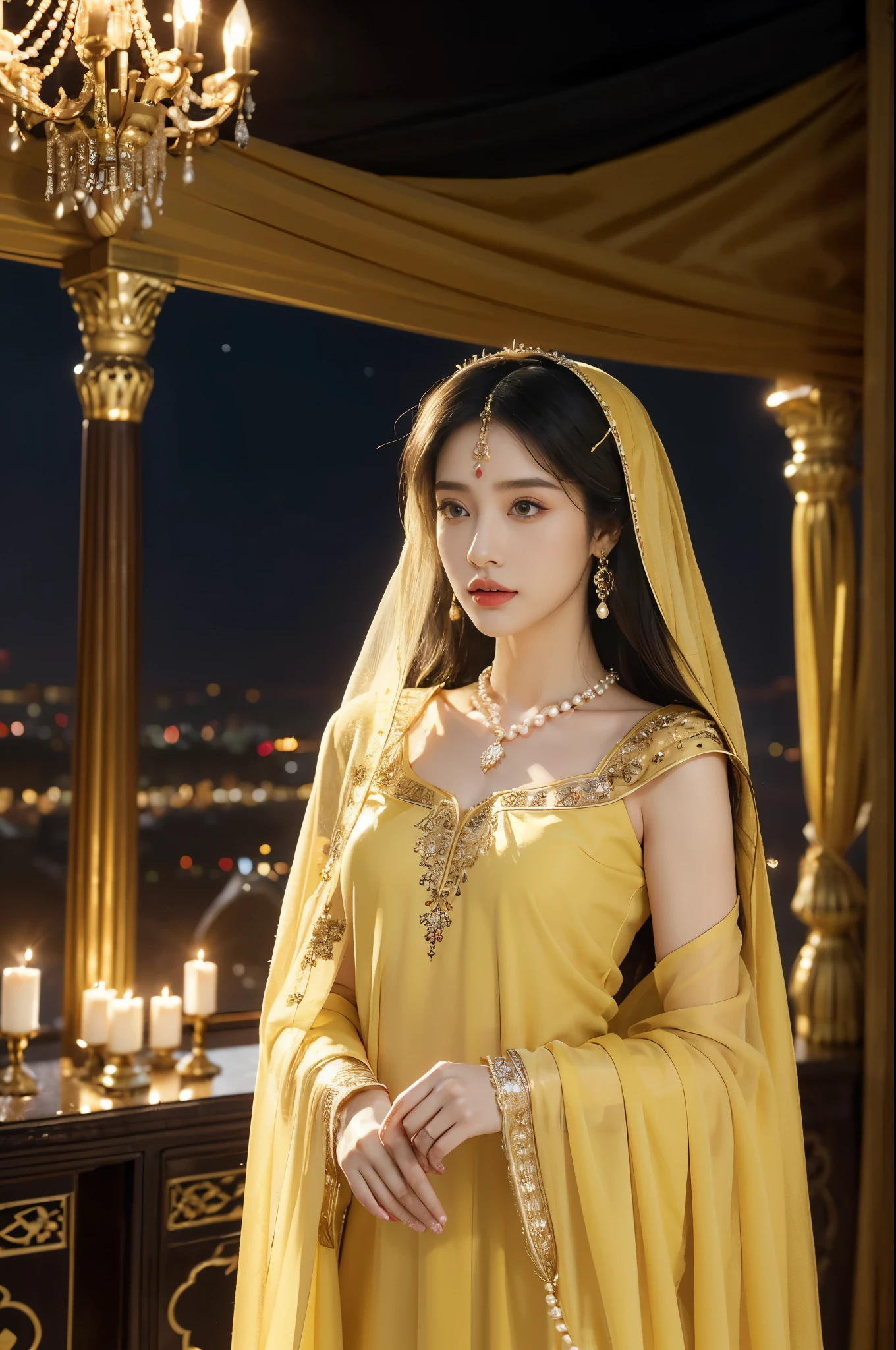 (((best quality))),(((ultra detailed))),(((masterpiece))),illustration,((1girl,Arabian dancer,solo)),(yellow hijab:1.3),((slim,thin)),((small breasts,flat chest)),((earrings,necklace)),((pearls,jewels,gemstones)),(night scene:1.3),(standing:1.3),(in luxurious palace:1.3),(indoor:1.3),(gorgeous embroidered yellow sheer abaya:1.3),(slender legs:1.2),intricate patterns,((Arabian theme,Middle Eastern culture)),(shoulder length straight hair:1.2),(sheer veil on face:1.3),mystery, ornate furnishings, decorations, enchantment, magic, Persian magic carpet,night sky, floating,flame, fulfillment of desires,romance,One Thousand and One Nights, coherent narrative, dreamlike atmosphere, deep emotions, graceful movements, passion, face beneath the veil, beloved's dream, timeless beauty, enchantment,magical world, wondrous journey,((from front,upper body))