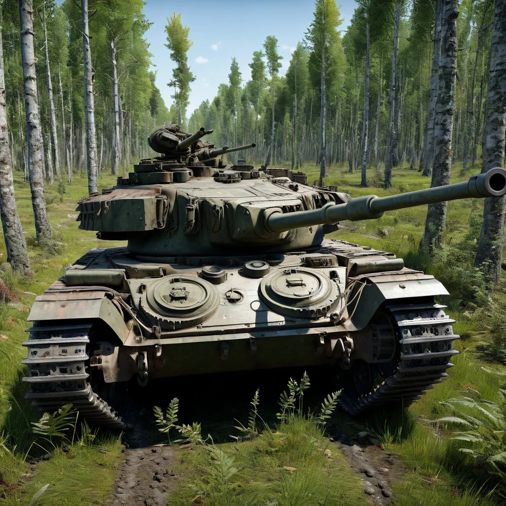 A Chieftain tank running through the forest,The tank is painted in forest camouflage The body and gun barrel are disguised with grass and leaves.Realistic dirt and dents,High quality, high definition, masterpiece, best quality4k, 8k,Ultra detail,Photorealistic,dramatic lighting,Professional photography,