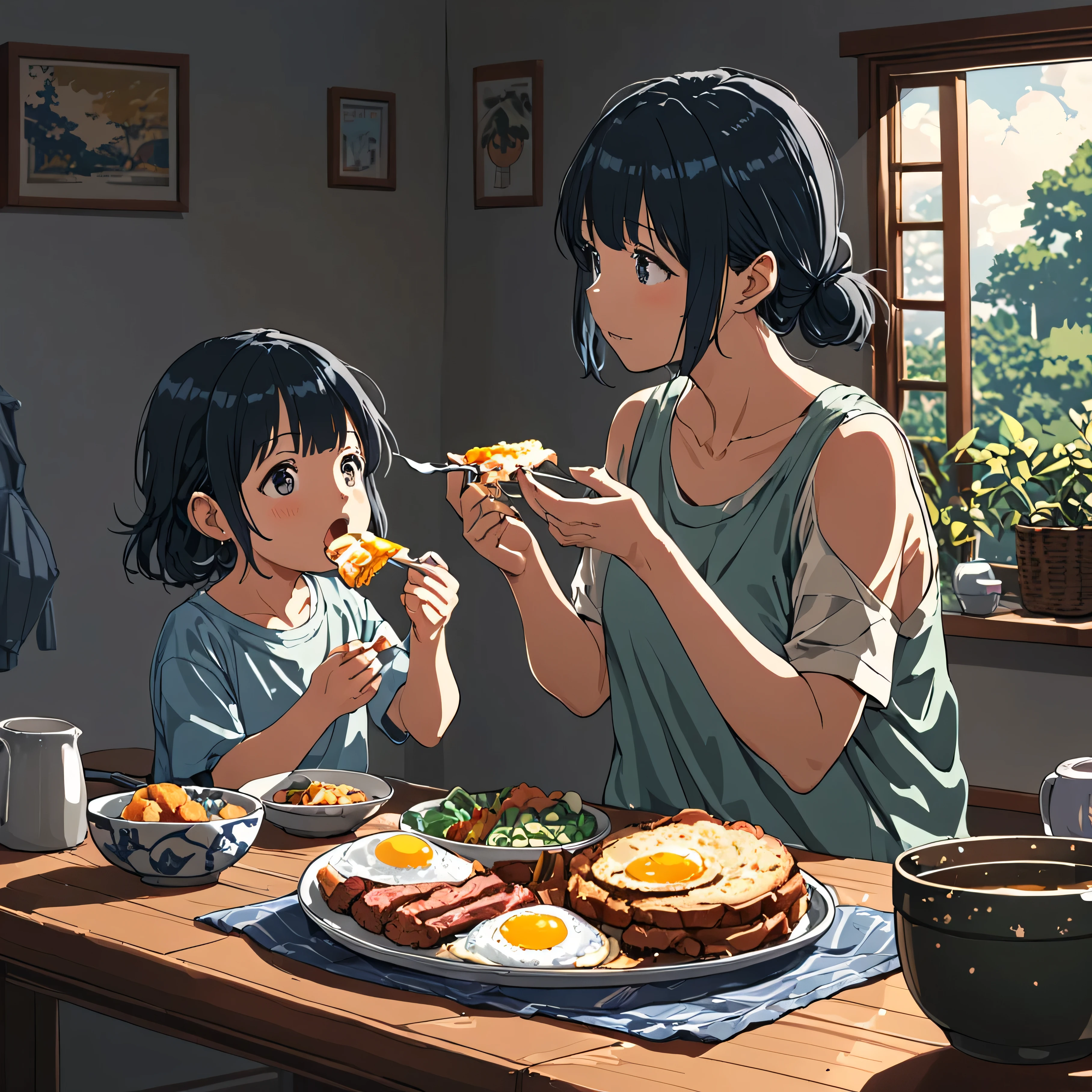 ((Anime: 1.4, Illustration)), (Masterpiece, Top Quality, Best Quality),(Filipino style) (Ultra-Detailed, Absolutely Resolution), ((16k, HIGH RES)) (family, eating food, breakfast, sunshine, morning, lighting), ( Anime: 1.4, Illustration)), (Masterpiece, Top Quality, Best Quality), (Ultra-Detailed, Absolutely Resolution). Ak {Lofi Art, Style of Laurie Greasley, Style of Makoto Shinkai, Anime Aesthetic}, BREAK {(Produces IMAGES WITH ITH INFORMATION THAN 40 Million Pixels with Cinematic-Like Detailed Textures S Hot on a Sony slur).}