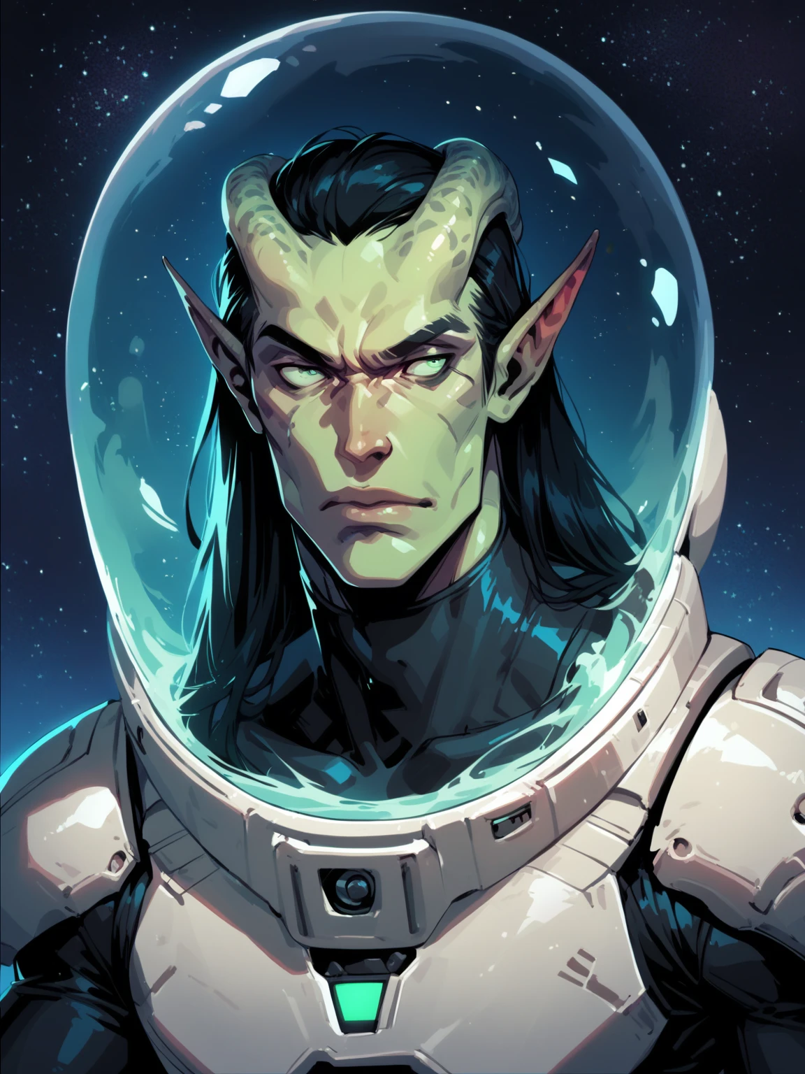 Tiefling, one character, solo male, alien horns, male, young male, sci fi, space, space clothes, long hair, black hair, green eyes, aquamarine skin, cosmic, space suit, cosmic feature, alien, futuristic space suit, twink, boyish face