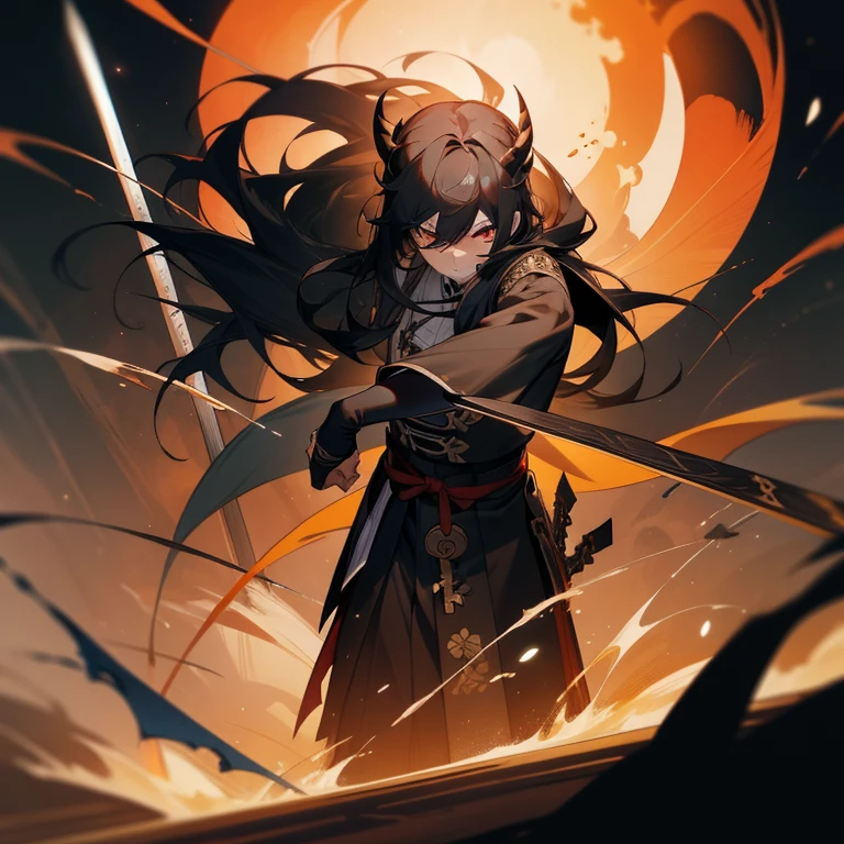 Masterpiece, best quality, high quality, Solo, (man), has Dark Orange eyes, Black hair, very long hair, messy hair, dark orange colored inner, hair a close up of a person with a sword in a desolate land surrounded by demons and monsters, a burning field, detailed key anime art, honkai star trail character, casimir art, masamune shiro, masamune, handsome guy in demon slayer art, genshin, heise jinyao, shadowverse style, (no logos), hell, black powers, infernal scenery, detailed clothes, eye reflection, depth of field, cinematic lighting, ray tracing, depth of field, cinematic lighting, ray tracing, UHD, high details, best quality, highres, high quality, award winning, super detail, masterpiece, 8k, UHD, high details, best quality, highres, high quality, award winning, super detail, masterpiece, 8k
