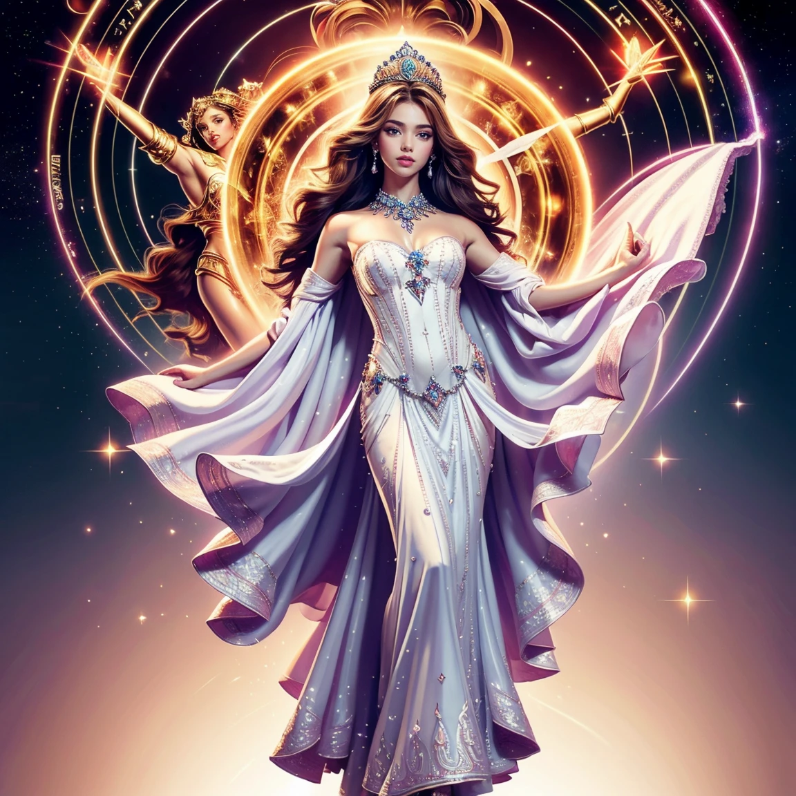 (masterpiece, highest quality), ultra detailed, high resolution, 16k, the most beautiful face in the world, highly detailed beautiful face and eyes, shiny skin, fine cloth texture, Perfect limbs, perfect anatomy, BREAK, (the incarnation of beauty:1.3), (goddess of beauty:1.3), (gorgeous and stunning princess:1.3), perfect make-up, deeply in love, full of elegance. solo, (full body:1.5), magical aura, starry sky