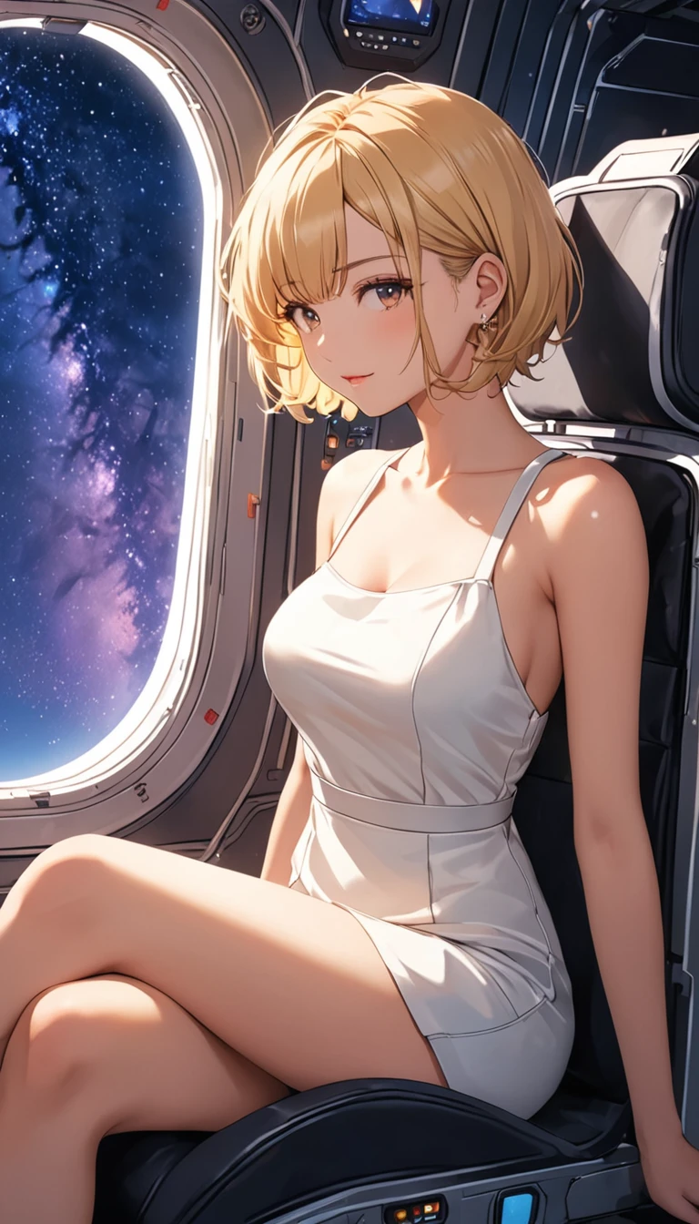 A young sexy woman with short hair and blonde hair in sexy clothes sits in a spaceship seat、A beautiful starry sky can be seen from the window.。