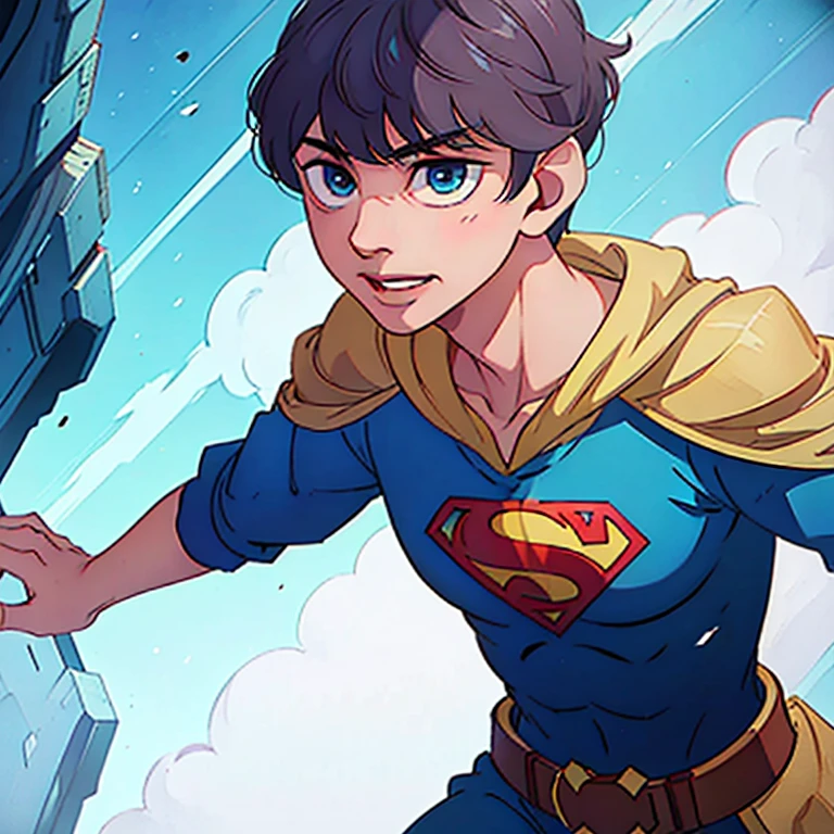 Young guy, short brown hair, Cyan eyes, brawn, Black Superman Costume, ssmile, Masterpiece, hiquality