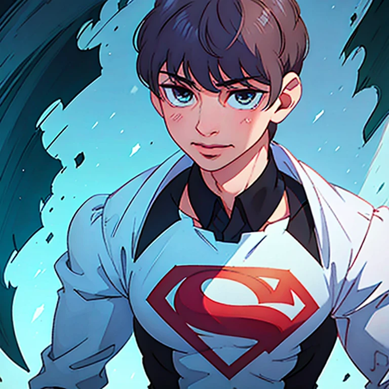 Young guy, short brown hair, Cyan eyes, brawn, Black Superman Costume, ssmile, Masterpiece, hiquality