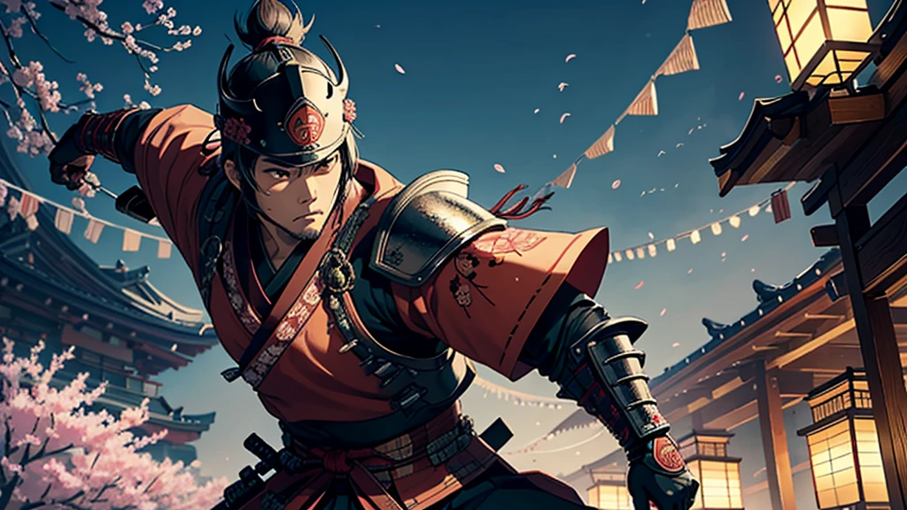 A combat-ready samurai in a dynamic and determined pose. He is wearing traditional Japanese armor, detailed and decorated with historical and cultural motifs. Armor includes a kabuto helmet with a menacing mask, and he holds a sharp katana with both hands, ready to attack. The setting is a battlefield or a traditional dojo, with authentic elements such as war flags, cherry blossom trees in the background and paper lanterns. The samurai&#39;s expression is serious and focused, Conveying courage and determination. Avoid modern elements like firearms, contemporary clothing, Vehicles, electronics or any sign of modern technology. Also avoid exaggerated or comical facial expressions."