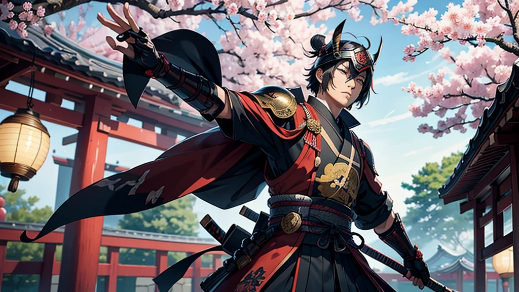 A combat-ready samurai in a dynamic and determined pose. He is wearing traditional Japanese armor, detailed and decorated with historical and cultural motifs. Armor includes a kabuto helmet with a menacing mask, and he holds a sharp katana with both hands, ready to attack. The setting is a battlefield or a traditional dojo, with authentic elements such as war flags, cherry blossom trees in the background and paper lanterns. The samurai's expression is serious and focused, Conveying courage and determination. Avoid modern elements like firearms, contemporary clothing, Vehicles, electronics or any sign of modern technology. Also avoid exaggerated or comical facial expressions."