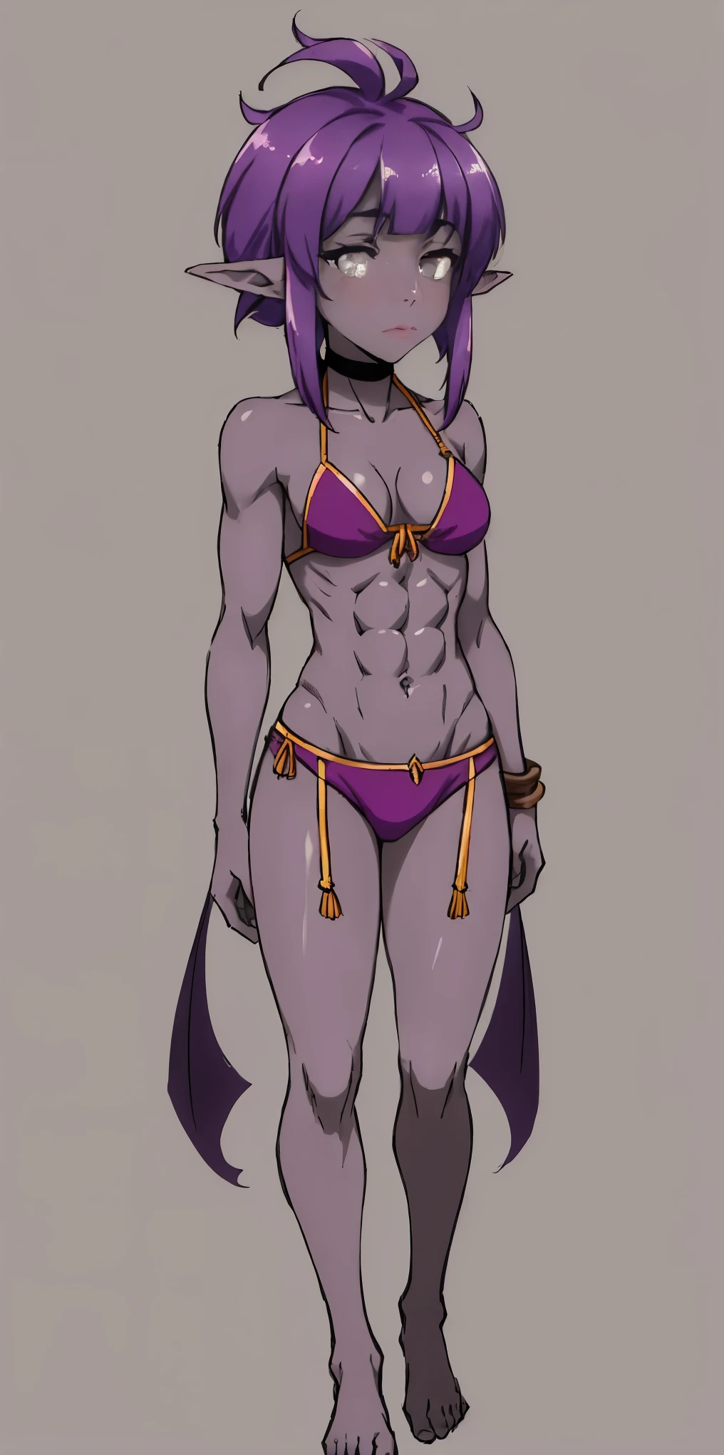 Appearance Gender: Female Age: Mature Race: Drow (elf with dark skin and purple 2bangs hair side to side) Height: Full-body Skin: Gray Skin: Gray Background: Plain Gray Eyes: Purple Attire: Bikini, revealing abdominal muscles