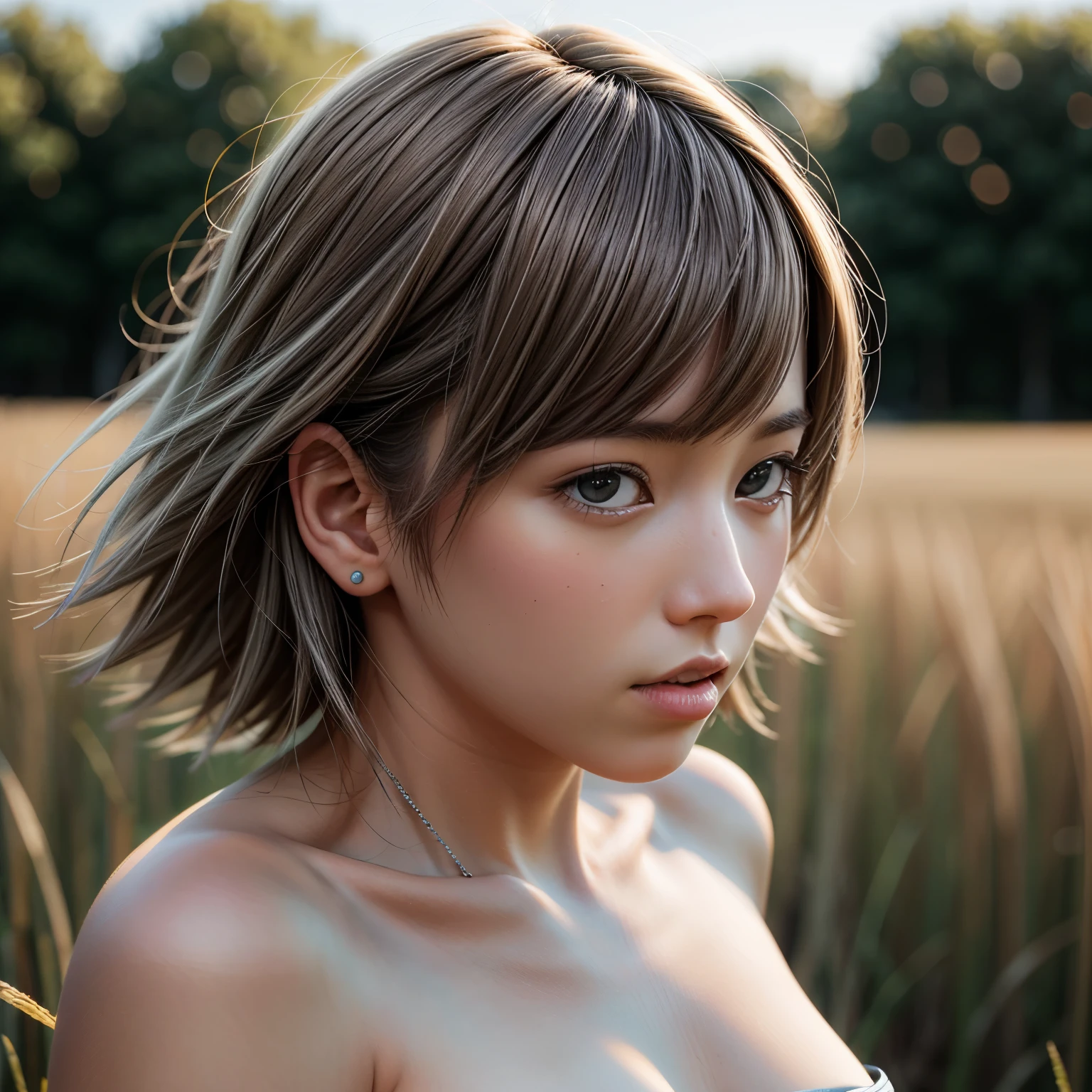 (((Misako Renbutsu)))Beautiful Young Female with (Silver Fox Tail) Hiding in Wheat Field, extremely delicate and beautiful,Outstanding light and shadow,Clear and bright sunlight, Professional portrait (Face Closeup from below), Semi-nude photography, ((backlighting, beltbra)), {(Tyndall effect)|lens flare|Shade|bloom|[chromatic aberration]} (Light particles), TopQuality Masterpiece of 8K Ultra-detailed DigitalPainting (by Jeremy Lipking)  on all four