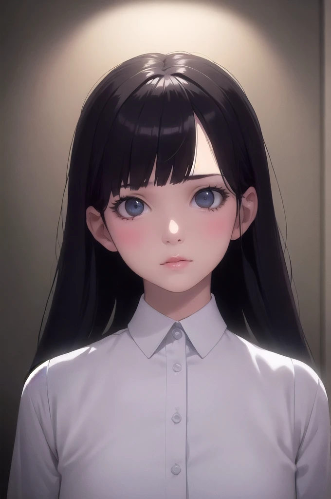 masterpiece, best quality, (dark photo:1.3), photorealistic, 1girl, flat bangs, stunning innocent symmetry face, shirt, emotional, ulzzang, (PureErosFace_V1:0.7)