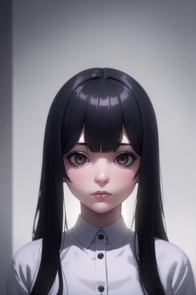 masterpiece, best quality, (dark photo:1.3), photorealistic, 1girl, flat bangs, stunning innocent symmetry face, shirt, emotional, ulzzang, (PureErosFace_V1:0.7)
