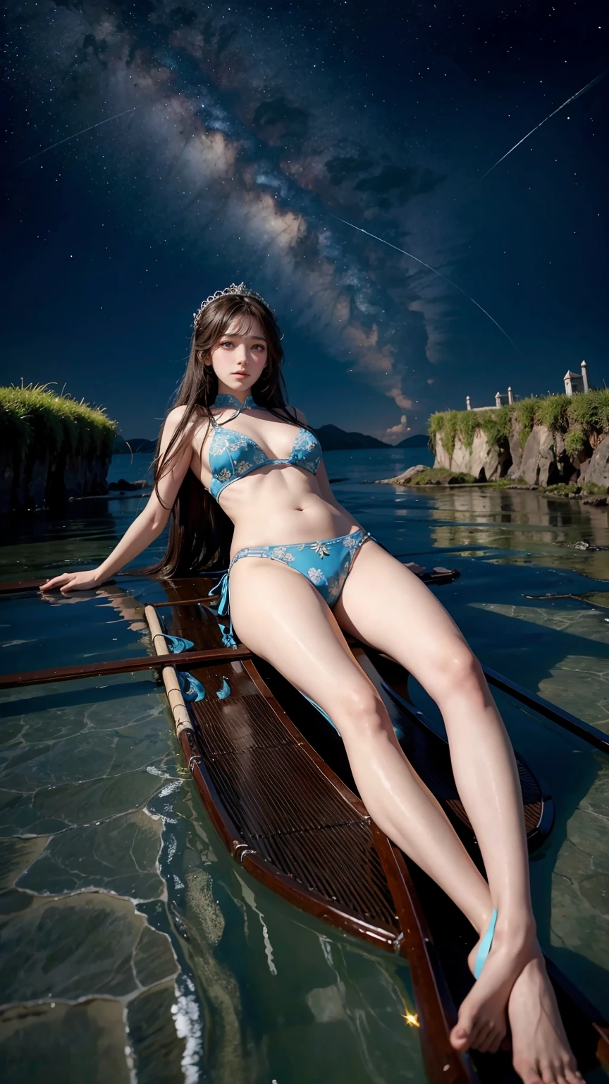 一个穿着连衣裙的女孩躺在Starry Sky下的床上,Exquisite smile,Beautiful and delicate eyes,Beautiful and delicate lips,Extremely detailed face and eyes,Long eyelashes,Full body,Flowing hair,belly button,best quality,excellent work,Super,(Reality:1.4),RAW photos,(Beautiful face:1.2),(Lying on the water:1.5),1 girl,(absurd),(8k), (4K),Octane Rendering,Starry Sky,((Full body view)),barefoot,Cross-legged