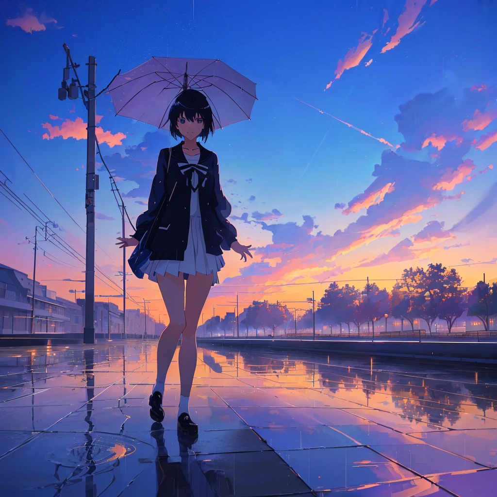 in the rain、Anime girl standing on the sidewalk with an umbrella, Makoto Shinkai Cyril Rolland, Alena Aenamiのスタイル, anime art wallpaper 4k, anime art wallpaper 4k, Anime Art Wallpapers 8K, Alena Aenami, Anime girl walking on water, reflection. by makoto shinkai, Anime Style 4k