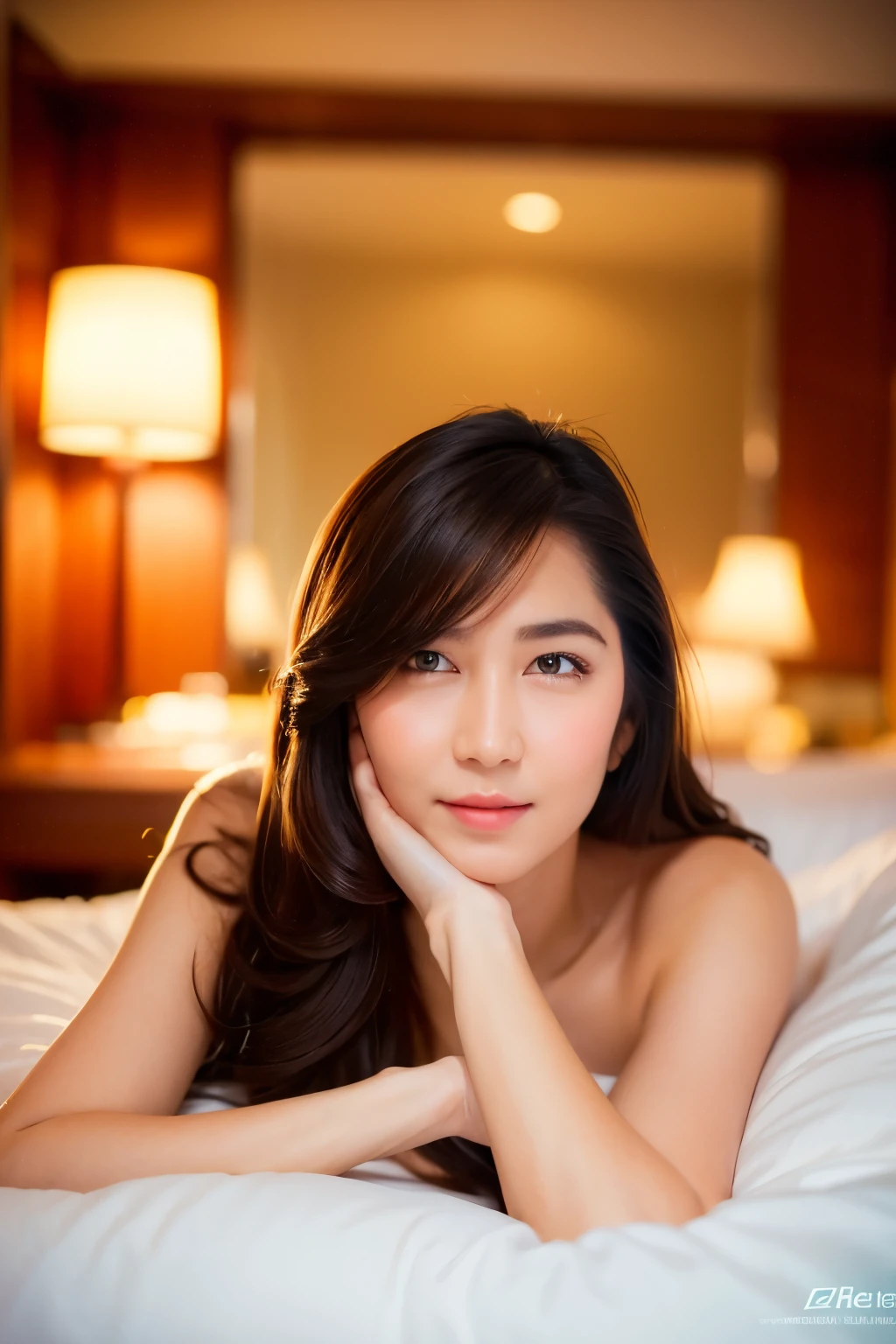 (lying on bed), (pov from top), (seductive pose), (gold bikini), looking at camera, front view, long hair, bangs, layered hair, (detailed face), at bedroom, tempting pose, potrait body, mouth closed, smiling, black eyes, 1 girl, 20yo,Young female,Beautiful Finger,Beautiful long legs,Beautiful body, Beautiful Nose,Beautiful character design, perfect eyes, perfect face,expressive eyes,perfect balance, (looking at viewer), official art,extremely detailed CG unity 8k wallpaper, perfect lighting,Colorful, Bright_Front_face_Lighting,White skin, (masterpiece:1.0),(best_quality:1.0), ultra high res,4K,ultra-detailed, photography, 8K, HDR, highres, absurdres:1.2, Kodak portra 400, film grain, bokeh:1.2, lens flare, (vibrant_color:1.2),professional photograph, (Beautiful,huge_Breasts:1.4), (beautiful_face:1.5),(narrow_waist)