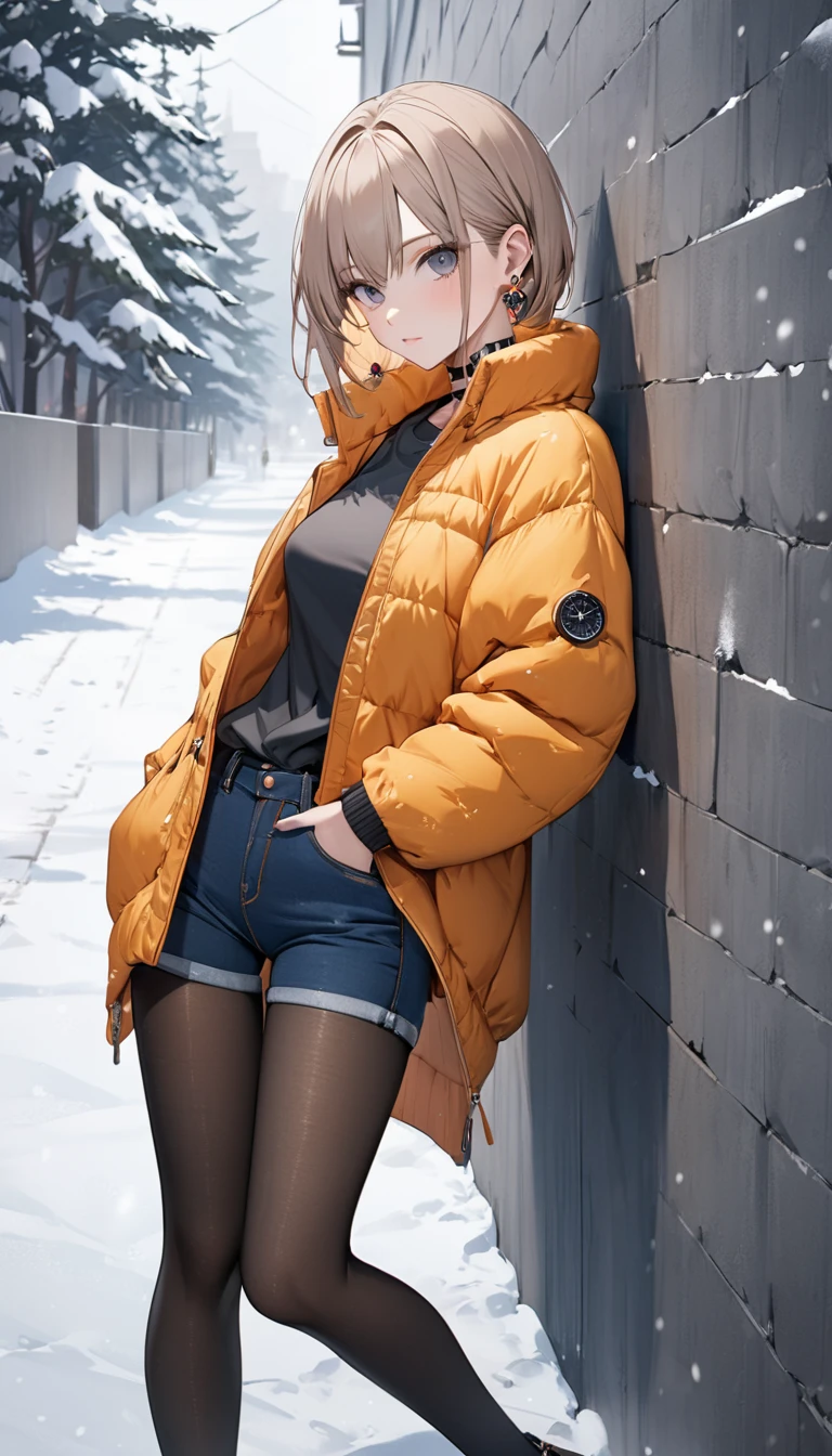 Highest quality, wonderful_delicate, beautiful, 8k, Jacket, Earrings, choker, concept,whole body,Leaning against a wall,Watch the viewer with a sideways glance,Low rise,Jeans Hot Pants,Black Pantyhose,winter,Snow is falling