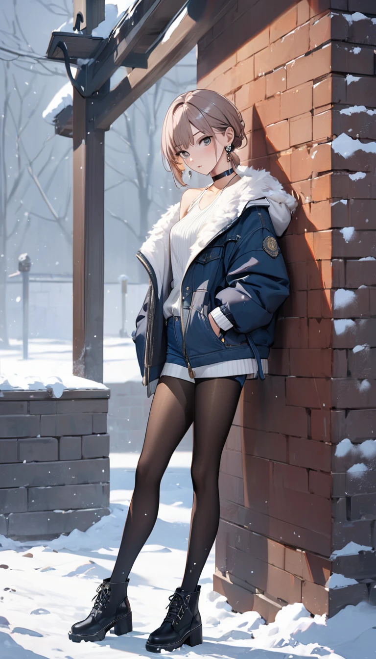 Highest quality, wonderful_delicate, beautiful, 8k, Jacket, Earrings, choker, concept,whole body,Leaning against a wall,Watch the viewer with a sideways glance,Low rise,Jeans Hot Pants,Black Pantyhose,winter,Snow is falling